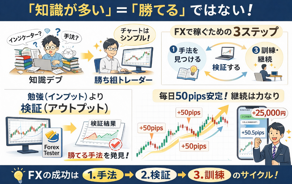 FXで稼ぐための3ステップ(手法・検証・訓練)と、勉強より検証が重要であることを解説したまとめ図解
