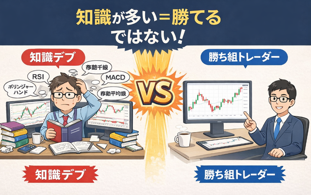 FXにおける「知識デブ」と「勝ち組トレーダー」の比較。知識が多いことが勝ちに直結しないことを示すイラスト