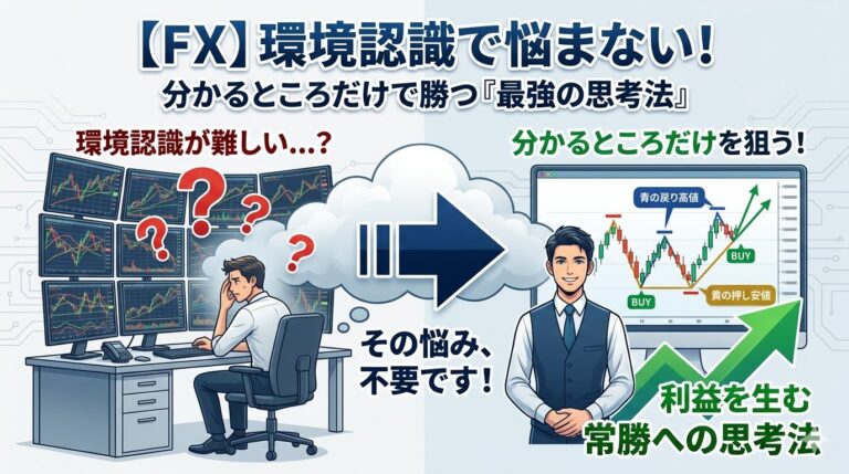FXアイキャッチ画像。環境認識ができないと悩むトレーダーが、複雑な局面を捨て、『分かるところ（得意な形）』だけを狙う思考法に切り替え、常勝へと成長するプロセスを表現