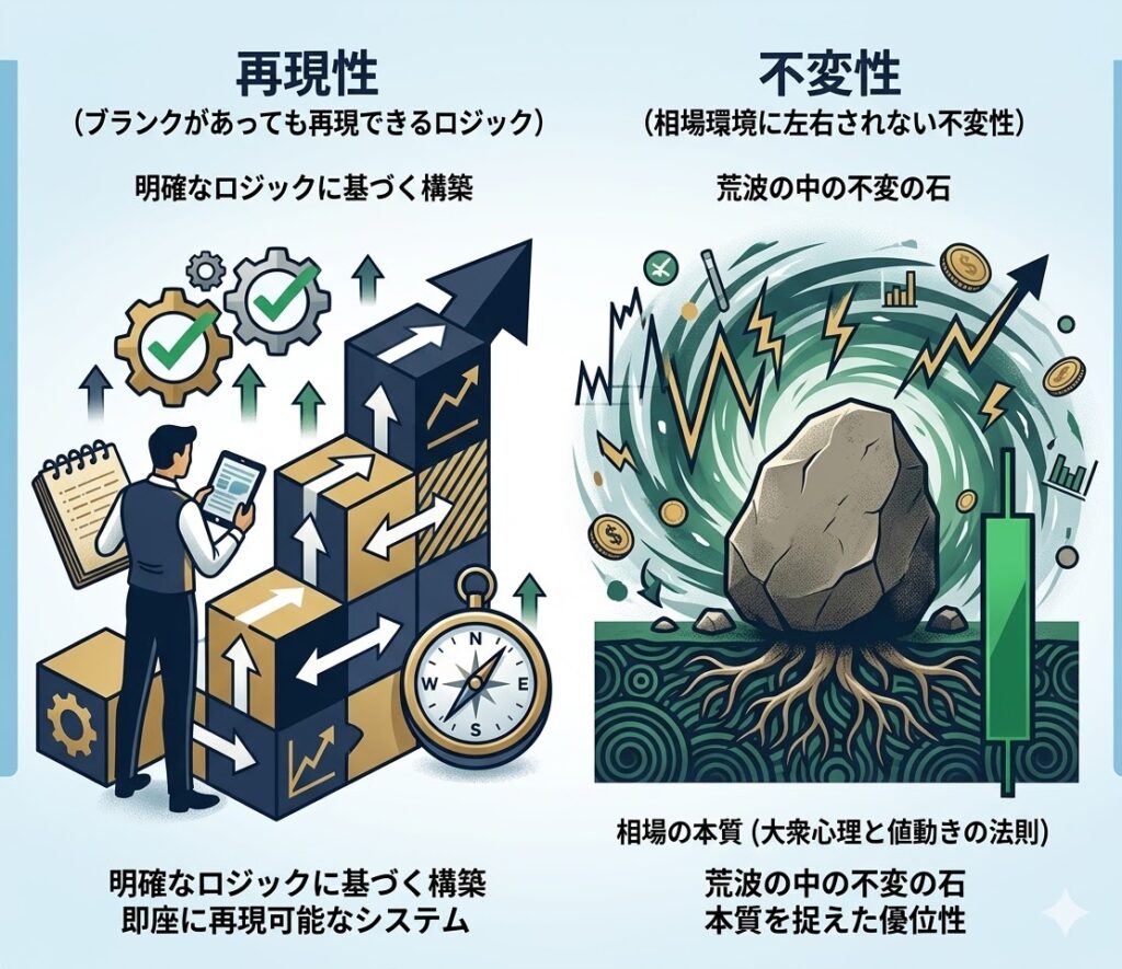 FXにおける「値幅の原理原則」手法のメリットの解説画像。3年経っても色褪せない圧倒的な「再現性」（ロジック）と、相場環境に左右されない「不変性」（本質）を図解