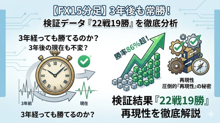 FXにおける「値幅の原理原則」手法の検証結果の解説画像（シンプル版）。3年経っても勝てる理由を「22戦19勝（勝率86%超）」という実績データと「再現性」を図解