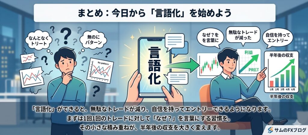 FXトレードの言語化による改善効果のまとめ図解。なんとなくトレード(根拠なし)から、言語化(根拠あり)へ移行することで、無駄なトレードが減り、自信を持ってエントリーできるようになり、半年後の収支が大きく向上するプロセス