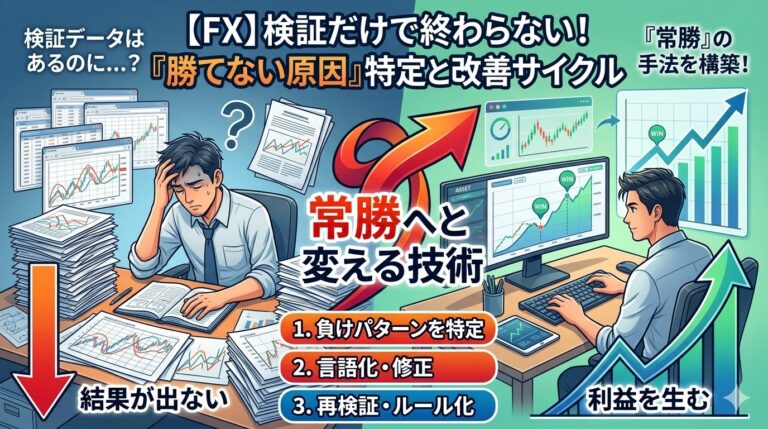 FXアイキャッチ画像。過去検証データを勝てない原因特定と改善サイクルに繋げ、常勝トレーダーへと成長するプロセスを表現。検証を利益に変える技術