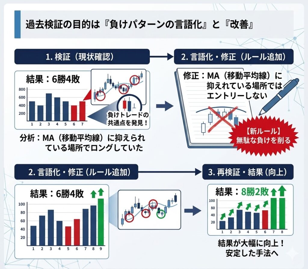 FX過去検証による負けパターンの言語化と改善プロセス。6勝4敗から8勝2敗へ勝率を向上させる、移動平均線（MA）ルール修正の図解