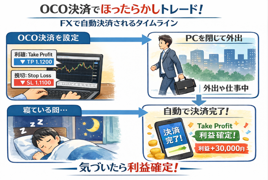 FXのOCO決済で仕事中や睡眠中も自動トレードができるタイムラインのイラスト