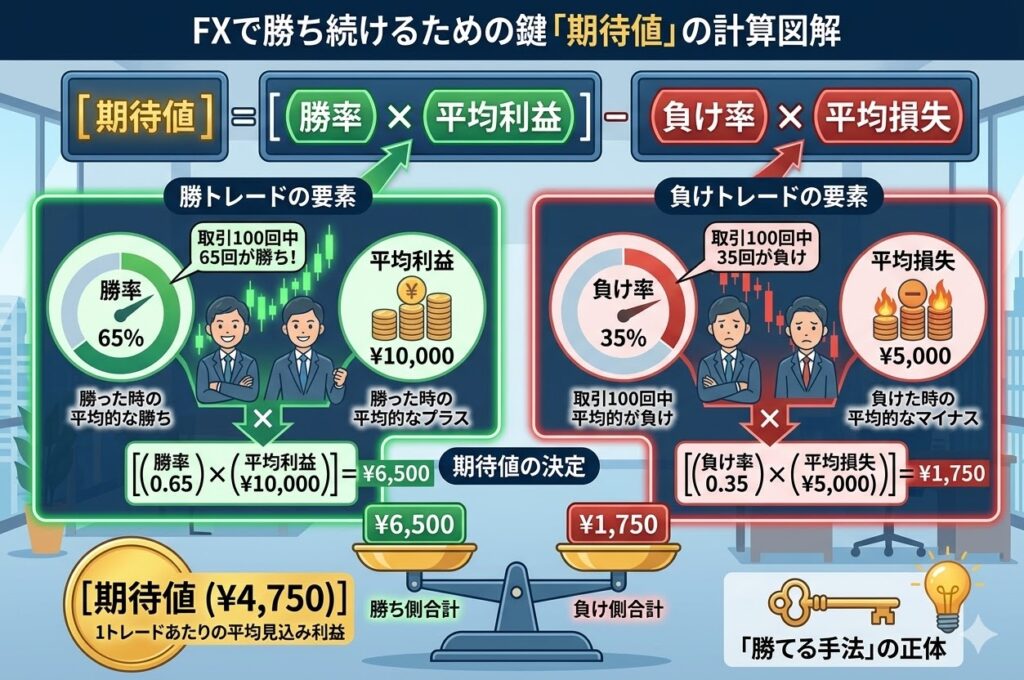 FXの期待値の計算式図解。勝率・平均利益・負け率・平均損失のバランスと、1トレードあたりの平均見込み利益の考え方