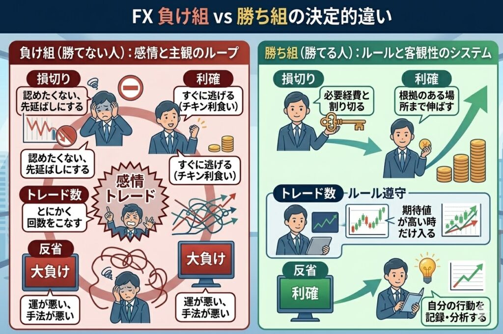 FXの負け組と勝ち組の決定的な違いを比較した図解。損切り、利確、トレード数、反省の仕方の違い。