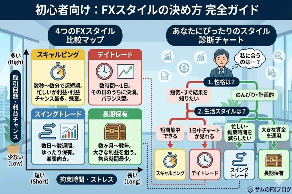 初心者向けFXスタイルの決め方ガイド図解。4つのスタイル比較マップと、性格・生活スタイルに合わせた診断チャート
