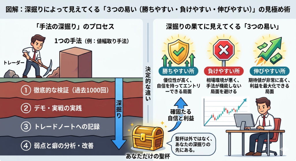 FX個別指導でサムが教える「手法の深掘り」と、それによって見えてくる「3つの易い（勝ちやすい・負けやすい・伸びやすい）」の見極め術を解説した図解。1つの手法を血肉にする重要性を表現。