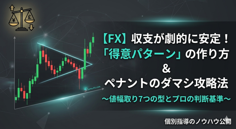FXブログ記事「収支が劇的に安定！得意パターンの作り方＆ペナントのダマシ攻略法～値幅取り7つの型とプロの判断基準～」のアイキャッチ画像。チャート図でペナントの上抜け失敗（ダマシ確定）からのショートエントリーを解説。