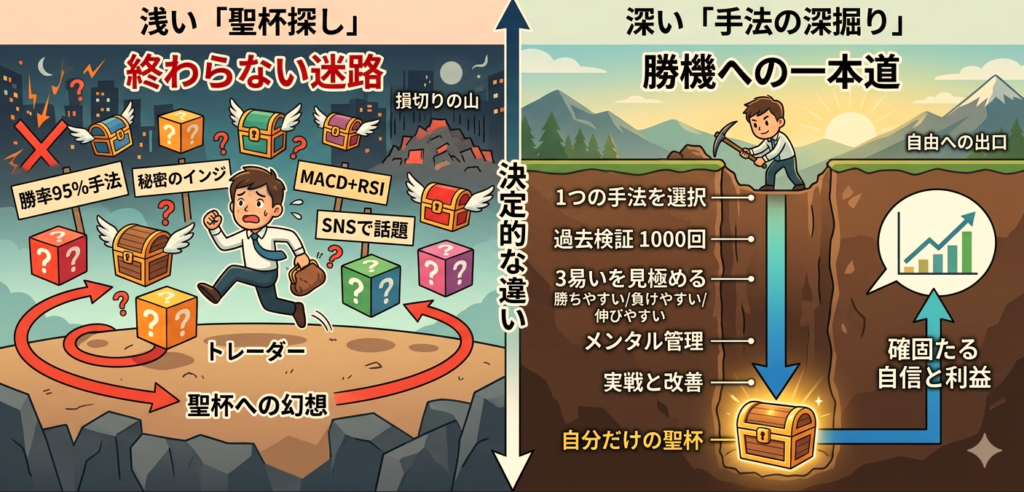 FXトレーダーの「浅い聖杯探し（終わらない迷路）」と「深い手法の深掘り（勝機への一本道）」の決定的な違いを比較した図解。1つの手法を使いこなす重要性を解説。