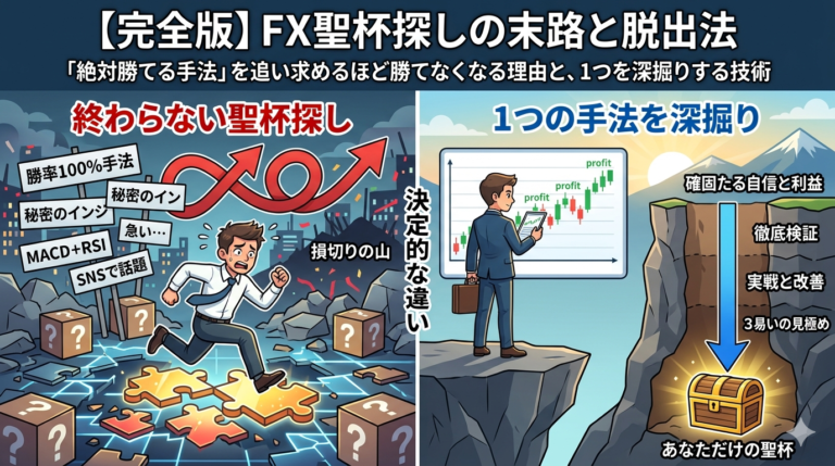 FXで勝てない原因は「聖杯探し」の末路にあります。9年の投資経験と個別指導の現場から、1つの手法を深掘りすることの重要性を解説。値幅取り手法を例に、勝ちやすい・負けやすい・伸びやすい「3つの見極め」を訓練し、手法を自分だけの聖杯へ進化させる具体的なステップを公開します。