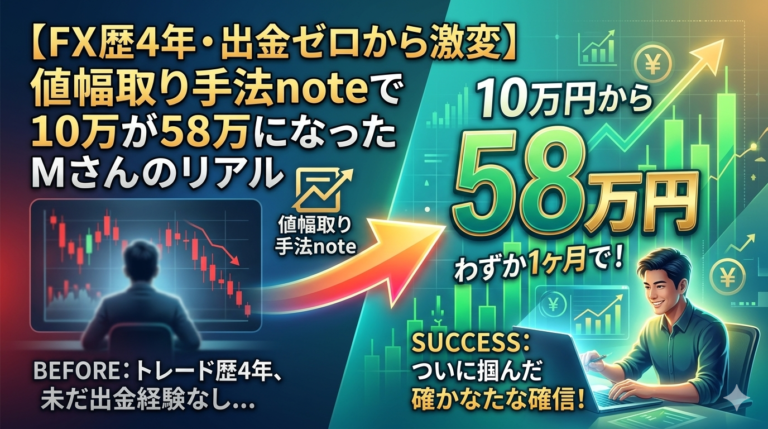 FX歴4年で出金経験ゼロから値幅取り手法noteで1ヶ月10万円を58万円に増やしたトレーダーの実績を表現したアイキャッチ画像