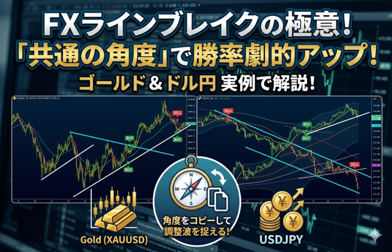FXのラインブレイク手法を解説するアイキャッチ画像。ゴールドとドル円のチャートを元に、一度機能した「共通の角度」のラインをコピーして次の波に当てて勝率を上げるプロのコツを視覚化